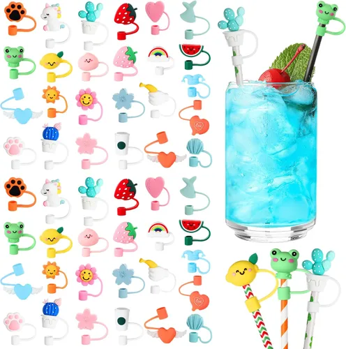 Dandat 50 fundas de silicona para popotes, reutilizables, lindos tapones para pajilla, adorables tapones a prueba de polvo para 0.236-0.315 in, 25