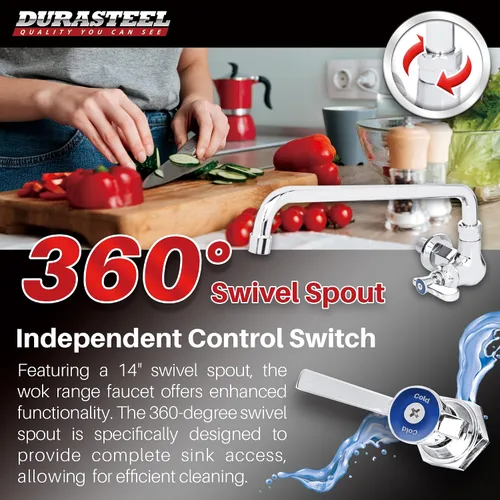 Miniatura 4 de DuraSteel Grifo de cocina comercial montado en la pared con boquilla giratoria de 14 pulgadas, cuerpo y mango de un solo orificio, latón construido