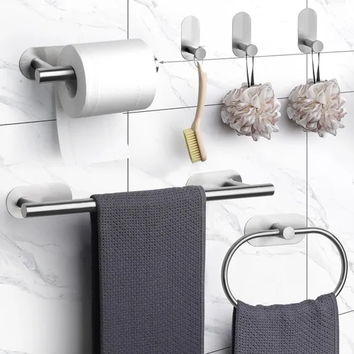 Miniatura 2 de JiGiU Toallero autoadhesivo, el juego de accesorios de baño incluye barra de toalla de baño de 16 pulgadas, soporte de papel higiénico y anillo