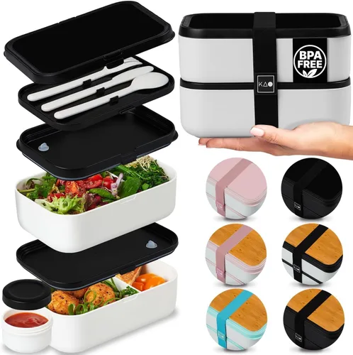 Miniatura 15 de KARRICO Caja Bento Doble Premium para Adultos, 67 onzas líquidas sin BPA - Lonchera Apilable Color Crema con Tapas y Divisores a Prueba de Fugas