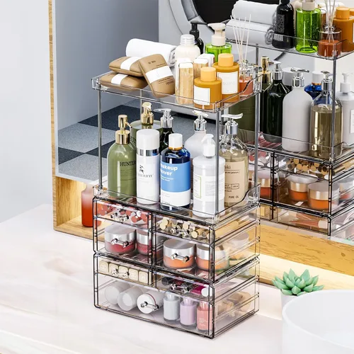 Miniatura 9 de Paquete de 3 organizadores de baño y encimera de almacenamiento con 7 cajones, organizador apilable, organizador de cuidado de la piel de gran