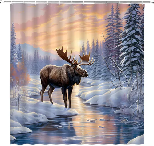 GCTNBJL Cortina de ducha con diseño de alce y bosque de invierno, pino, ciervo, alce, nieve, lago, puesta de sol, naturaleza, escénico, Navidad,
