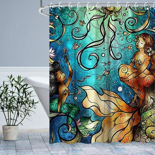 LIVILAN Cortina de ducha de sirena, juego de cortinas de baño de tela de medusa con ganchos, animales marinos del océano, decoración de baño,