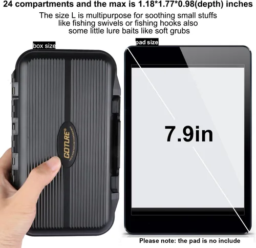 Miniatura 2 de Goture Pequeña caja organizadora de aparejos de pesca con tecnología impermeable, compartimentos fijos, caja de almacenamiento de señuelos de Negro