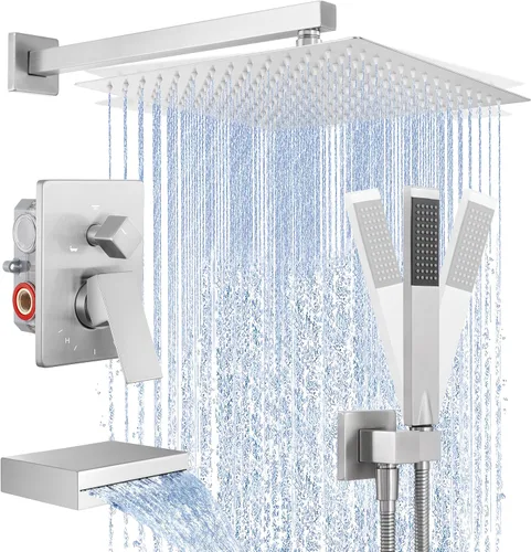 Miniatura 13 de KES Juego de llave de bañera y ducha Sistema de ducha con cabezal de ducha de lluvia de 10 pulgadas y llave de cascada para bañera Montaje en pared