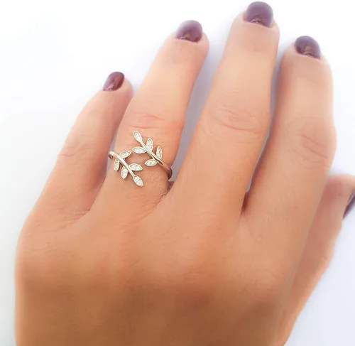 Miniatura 7 de Sterling Silver 925 Clear CZ Ring Leaf Laurel Nature Branch Adjustable Band Tiny Diamonds