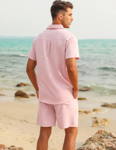 Miniatura 2 de LecGee Conjunto corto casual de verano para hombre, camisa cubana de lino de manga corta, pantalones cortos con cordón en la cintura, trajes