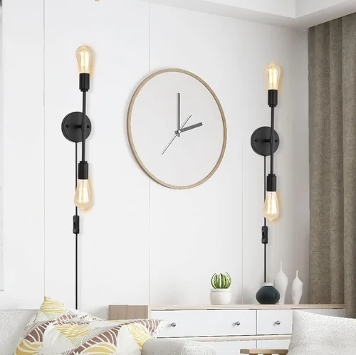 Miniatura 2 de Lámparas de tocador de baño negras de 2 luces, modernas lámparas de pared industriales con cable de interruptor de encendido/apagado, juego de dos
