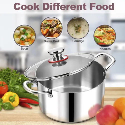 Miniatura 7 de LIANYU Olla de acero inoxidable 18/10 de 6 cuartos con tapa, olla de cocción de sopa resistente de tres capas, olla de cocción de pasta, olla