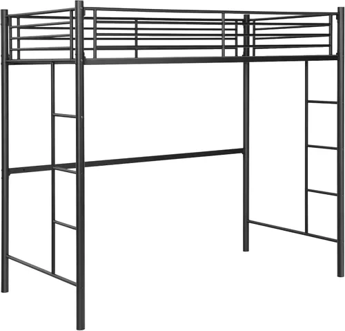 Miniatura 9 de Giantex Cama alta de metal tamaño individual, marco de cama alta resistente con 2 escaleras, litera individual sobre loft con protector de longitud