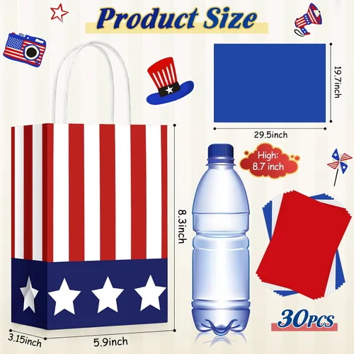 Miniatura 2 de Tisancy 30 bolsas de regalo patrióticas con asa con 30 piezas de papel de seda rojo, blanco y azul, 4 de julio, bandera estadounidense, bolsas