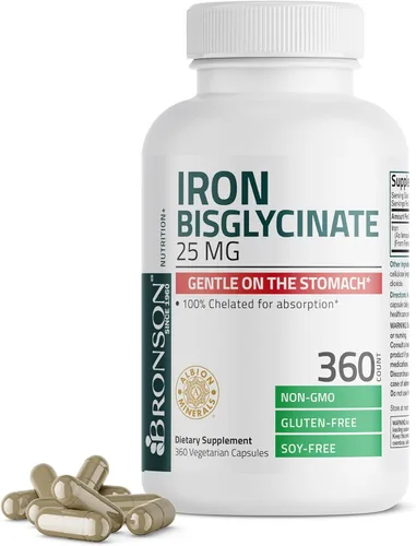 Bronson Bisglicinato de Hierro 25 mg Suave para el Estómago, Apoya la Energía y la Producción Saludable de Glóbulos Rojos - Fórmula sin