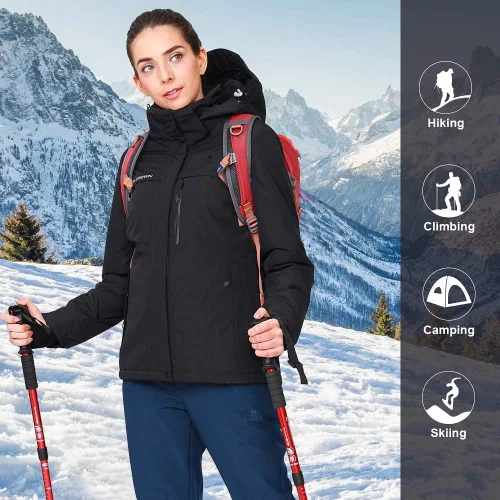 Miniatura 6 de CAMEL CROWN - Chamarra de esquí para mujer, impermeable, con capucha desmontable, rompevientos, forro polar, parka para lluvia