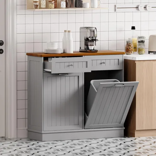 Miniatura 13 de Betterhood Gabinete de Basura Inclinable de 10 Galones de Madera Independiente Clasificador de Lavandería, Gabinete de Reciclaje con Cajón Oculto
