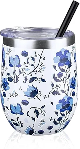 Miniatura 12 de Vaso de vino aislado de 12 onzas con tapa y pajita, vaso de vino de acero inoxidable sin tallo de doble pared, vaso de vino al vacío a granel