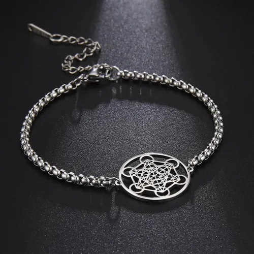 Miniatura 5 de Fantasy Forge Jewelry Pulsera de cubo Metatrons de plata dorada para mujer, acero inoxidable, geometría sagrada, 7-9.5 pulgadas