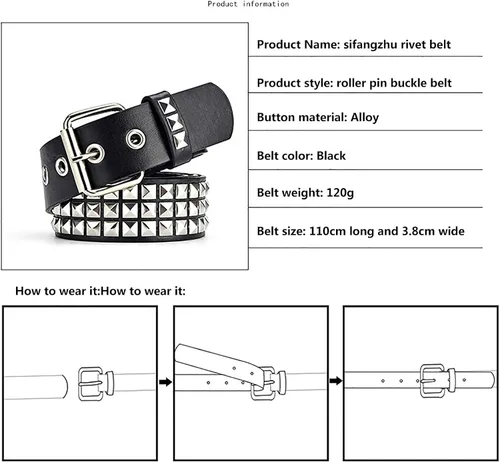 Miniatura 7 de Cinturón negro con tachuelas punk rock remache cinturón con ojales y pirámide de metal brillante para mujeres y hombres