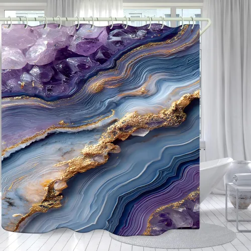 Juego de cortinas de ducha de lámina dorada de ágata amatista (con 12 ganchos blancos en C), cortina de baño de tela de geoda impermeable (72 x 72