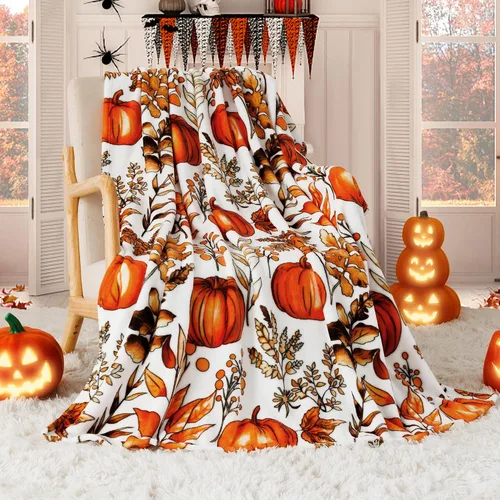 Miniatura 6 de ROMROL Manta de Halloween, manta de otoño, mullida, acogedora, suave, hojas de calabaza, manta de franela de felpa de forro polar, decoración