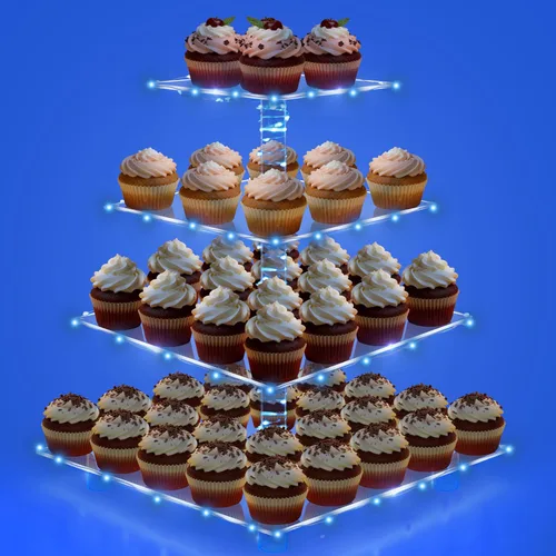 Soporte para Cupcakes, Soporte para Cupcakes de 4 Niveles, Soporte Iluminado para Cupcakes para 50 Cupcakes, Torre Cuadrada para Cupcakes, Juego de