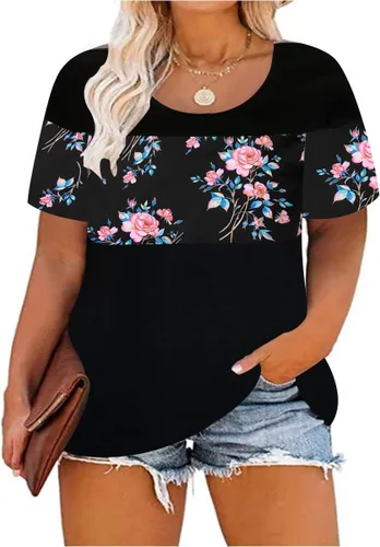 RITERA Camisetas de talla grande para mujer, manga corta, raglán, estilo casual, bloque de color, camisas Henley de gran tamaño con cuello redondo