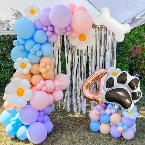 Miniatura 7 de Kit de arco de globos azules 140 piezas azul pastel rosa morado rubor globos con margarita hueso pata de perro globos de papel de aluminio