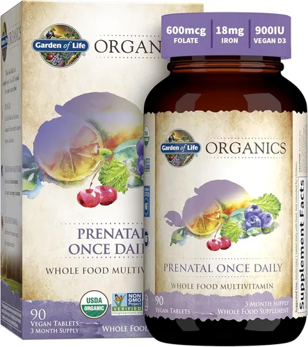 Garden of Life Vitaminas Prenatales para Mujeres, Folato Orgánico para Energía y Desarrollo Fetal Saludable, Hierro sin estreñimiento, Vitamina C,