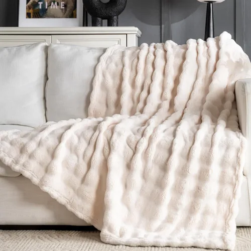 Manta de Tiro de Piel Sintética Color Hueso para Sofá, Manta Suave y Esponjosa de Burbujas para Cama y Sofá, Manta Gruesa y Cálida de Felpa Difusa