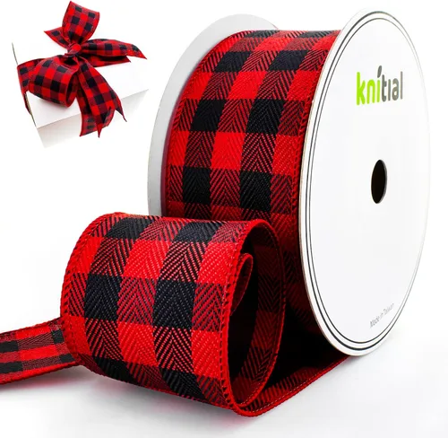 Buffalo - Cinta a cuadros con alambre de 2-1/2 pulgadas x 25 yardas, cinta negra y roja para envolver regalos, manualidades y decoraciones