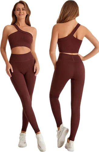Yknktstc Conjuntos de entrenamiento para mujer, brasier deportivo acanalado sin costuras, traje de 2 piezas, cintura alta, gimnasio, yoga, leggings