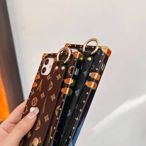 Miniatura 4 de Funda rectangular de cuero compatible con 11 con correa para muñeca, funda de diseñador de lujo para mujeres y niñas, funda protectora con soporte