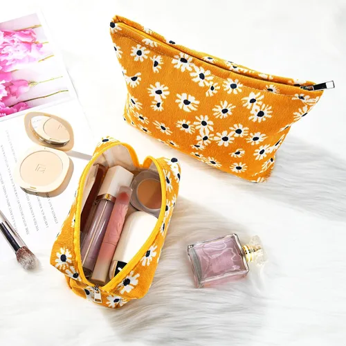 Miniatura 4 de SOIDRAM 2 piezas de bolsa de maquillaje con flores, gran capacidad de cosméticos, bolsa de lona mixta, bolsa de artículos de aseo para viajar