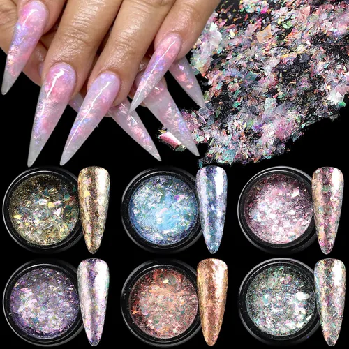 Miniatura 8 de Polvo de uñas cromado iridiscente, 6 cajas de copos de ópalo de fuego de cristal para arte de uñas, lentejuelas holográficas de sirena con purpurina