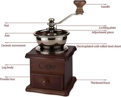 Miniatura 5 de Molinillo de café manual de madera, estilo vintage, molinillo de café de mano, molinillo de café con manivela de cerámica, cepillo de limpieza