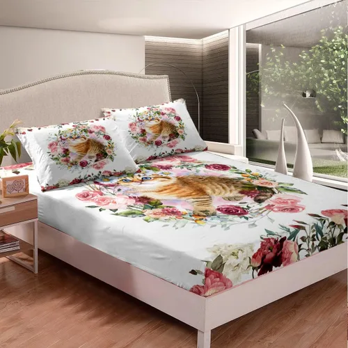 Miniatura 4 de Erosebridal Juego de sábanas de tamaño individual con diseño de gatos y gatos, con temática de animales, con flores coloridas, juego de sábanas