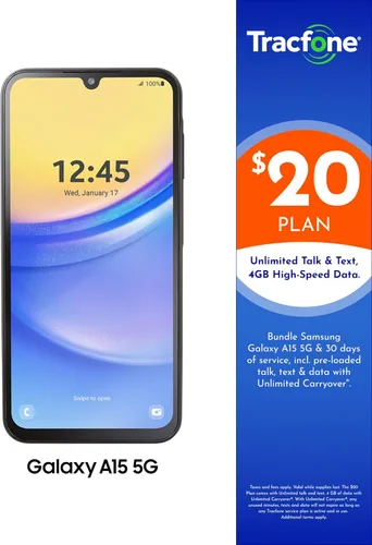 Miniatura 2 de 【Promoción de activación】Tracfone Samsung A15 5G Smartphone Prepago Bloqueado, 64GB, Negro - Incluye $20 de llamadas, mensajes de texto ilimitados