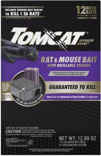 Tomcat Advanced Brand - Cebo para ratas y ratones con estación recargable, uso en interiores y exteriores, 1 estación y 12 repuestos de bloque de