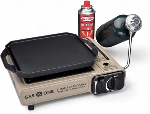 Miniatura 2 de GasOne - Estufa de gas propano o butano con plancha plana incluida – Parrilla de propano de combustible dual quemadores para cocinar