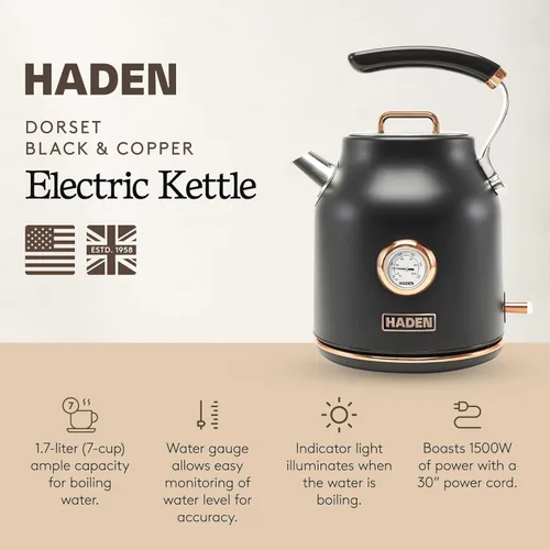 Miniatura 2 de Haden Dorset - Hervidor eléctrico de acero inoxidable de 1,7 litros, hervidor de agua caliente con base de 360 grados y apagado automático, negro