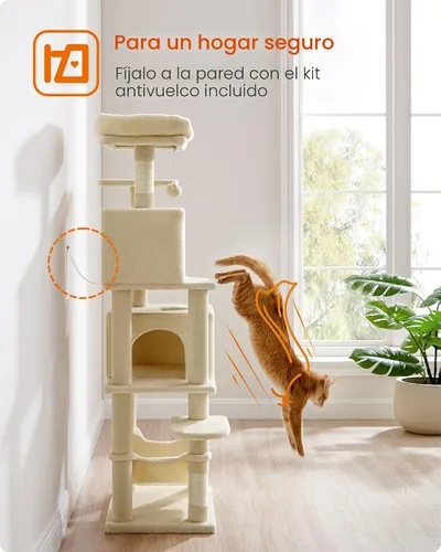 Miniatura 8 de Feandrea - Árbol para gatos de varios niveles para interiores, torre para gatos tipo condominio con 4 postes para rascar, 2 posaderos, hamaca y Beige