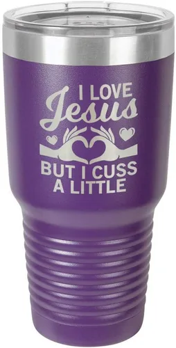 Miniatura 19 de Taza de viaje con texto en inglés "I Love Jessus I CUSS A LITTLE Engraved Tumbler", de acero con recubrimiento de polvo grabado con láser, sin BPA
