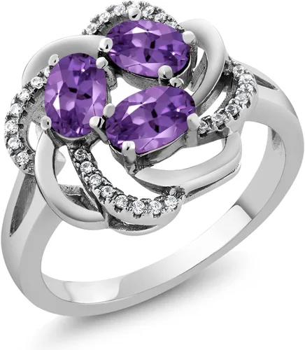 Miniatura 91 de Gem Stone King Flower Blossom Gemstone Birthstone Ring in 925 Sterling Silver 3-Stone Oval 6X4MM with Sparkling Accents Wedding Anniversary