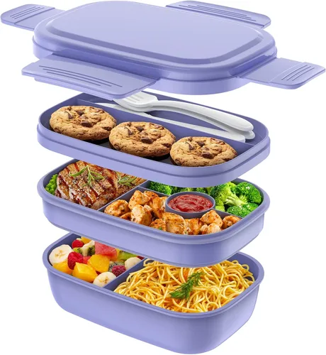 HOMETALL - Lonchera bento apilable para niños y adultos, gran capacidad de 1900ml, contenedores de almuerzo a prueba de fugas con juego de cubiertos