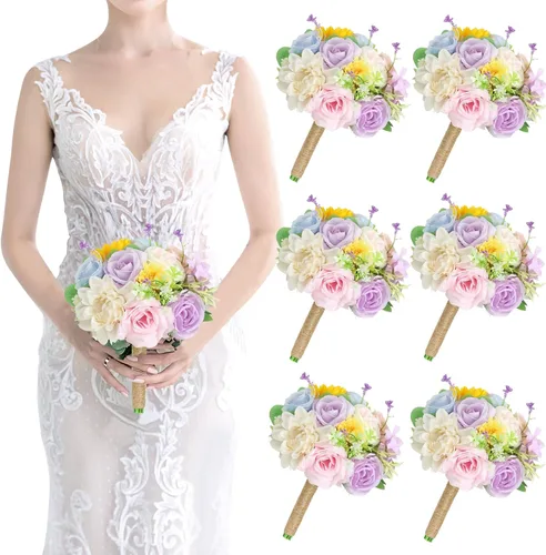 Miniatura 29 de Ramos de dama de honor para boda, juego de 6 ramos de flores artificiales para decoración de otoño, boda, propuesta de matrimonio, fiesta, Naranja