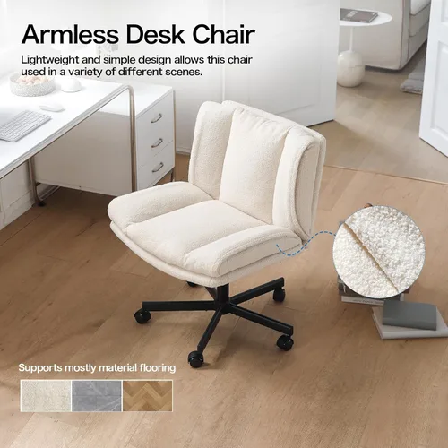 Miniatura 7 de LEAGOO Silla cruzada con ruedas, silla de maquillaje sin brazos con asiento ancho peludo, silla de tocador ajustable en altura, convertible entre