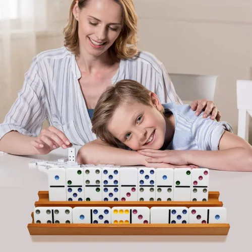 Miniatura 6 de Exqline Bandejas de dominó de madera (juego de 4) – Soporte de azulejos de dominó premium para juegos de dominó de tren mexicano – Dominó no incluido
