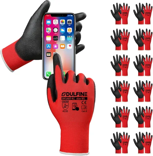 Miniatura 22 de DULFINE Guantes de trabajo de seguridad con revestimiento de poliuretano para hombres y mujeres - 12 pares, guante de punto sin costuras negro