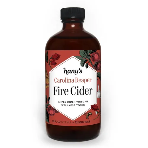 Hany's Harvest Carolina Reaper Fire Cider – Botella de vidrio de 16 fl oz | Todo natural, lote pequeño, hecho a mano, sin OMG, sin gluten