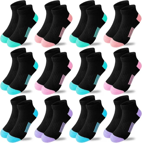 Bemeol Calcetines para niñas, 12 pares de calcetines deportivos de algodón, calcetines deportivos para niños pequeños y grandes