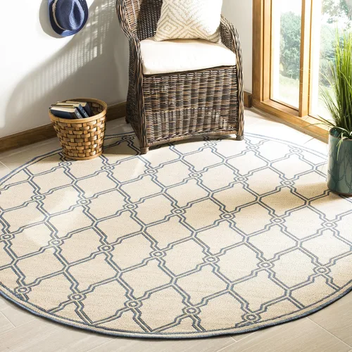 SAFAVIEH Alfombra lavable al aire libre Linden Collection – 6'7" redonda, crema y azul, no desprende pelusa y fácil de limpiar, ideal para patio,